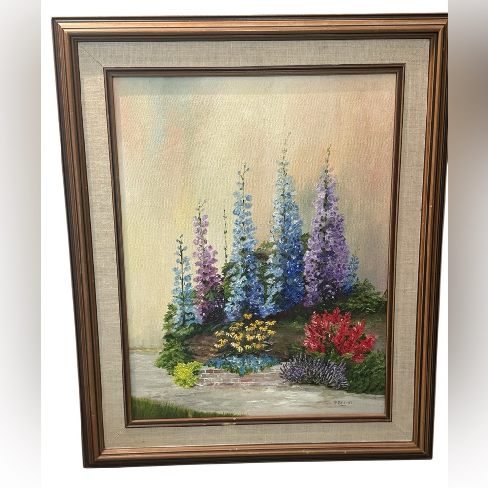 Vintage Floral Landscape Signed Oil Painting with Wooden Frame